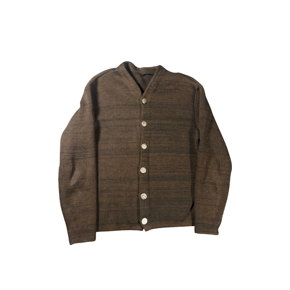 Vintage 1960s Mens Wool Cardigan Brown Marl Knit Crest Button Sweater Large